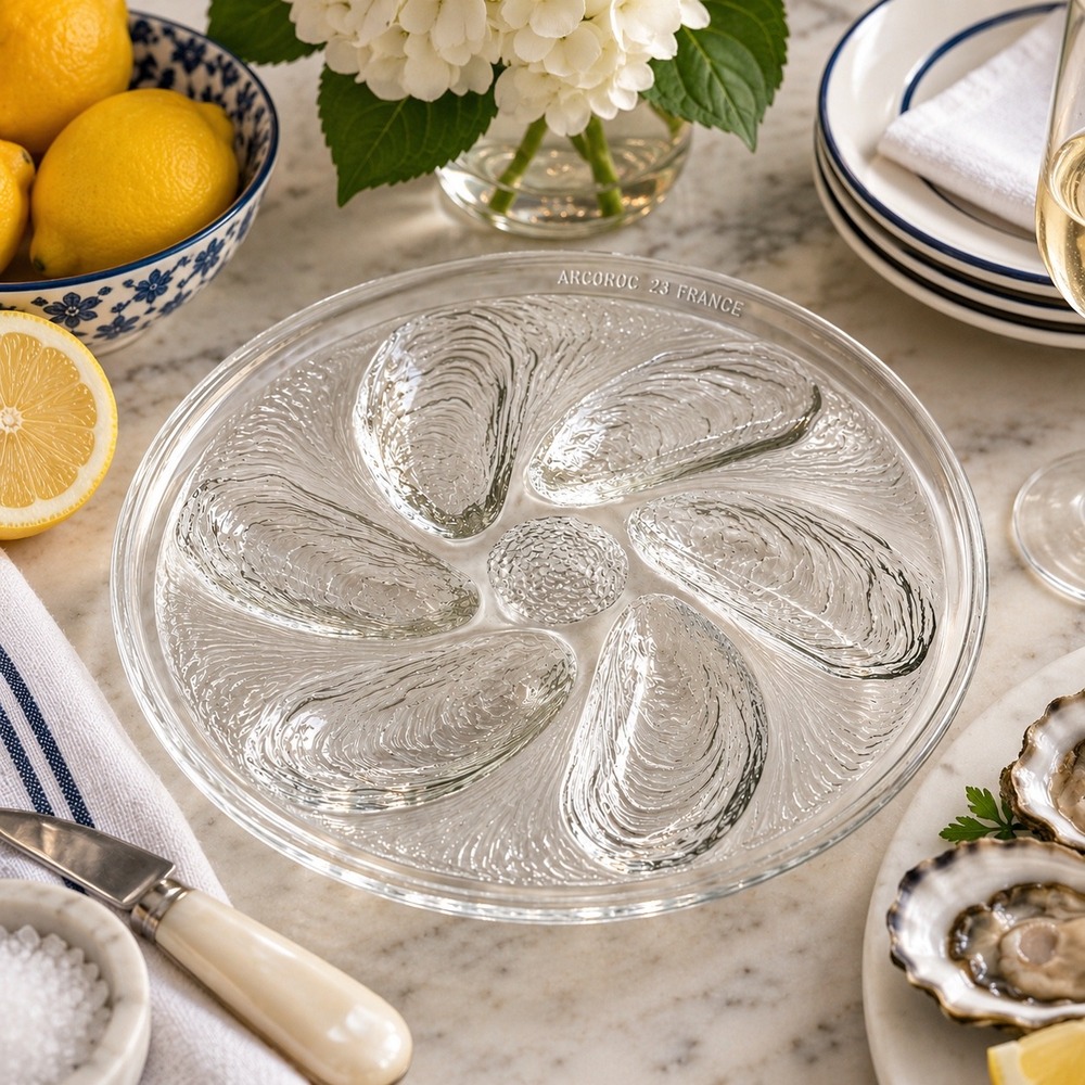 Vintage Arcoroc France Clear Glass Oyster Plate 10.5" Seafood Serving Dish